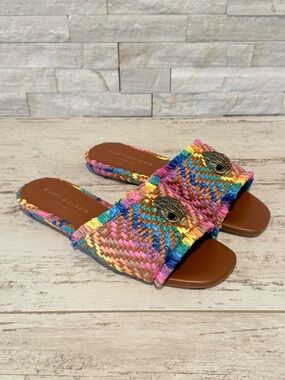 Kurt Geiger Kensington Eagle Casual Flat Raffia Slide Sandals EU 38 New Rainbow